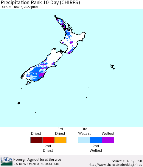 New Zealand Precipitation Rank since 1981, 10-Day (CHIRPS) Thematic Map For 10/26/2022 - 11/5/2022