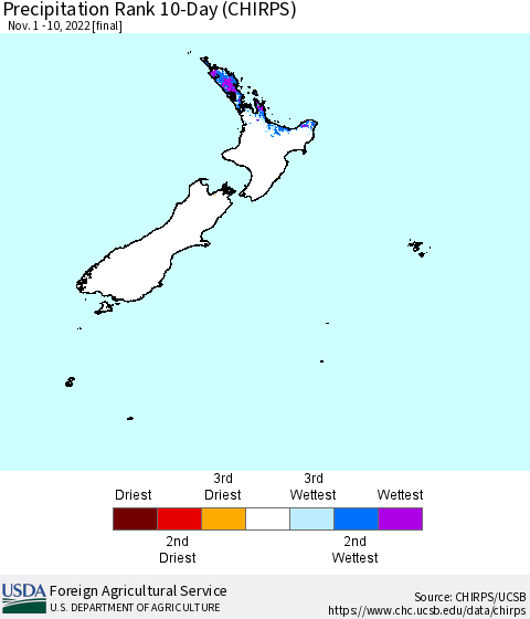 New Zealand Precipitation Rank since 1981, 10-Day (CHIRPS) Thematic Map For 11/1/2022 - 11/10/2022