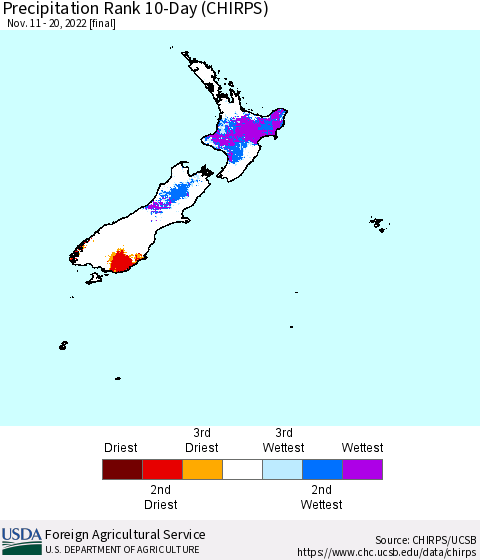 New Zealand Precipitation Rank since 1981, 10-Day (CHIRPS) Thematic Map For 11/11/2022 - 11/20/2022