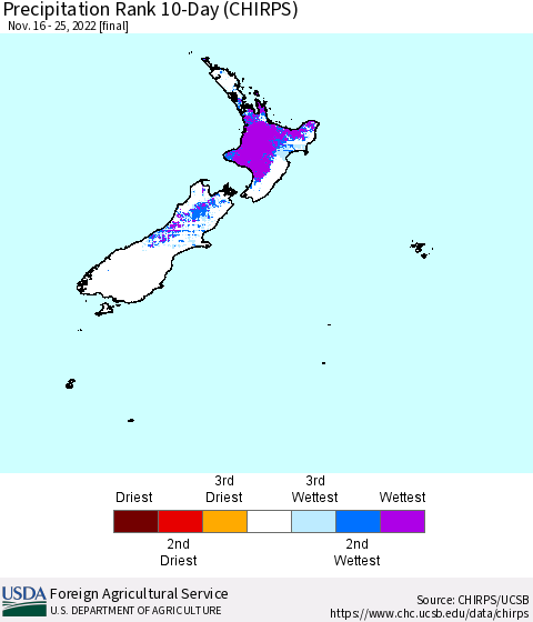 New Zealand Precipitation Rank since 1981, 10-Day (CHIRPS) Thematic Map For 11/16/2022 - 11/25/2022