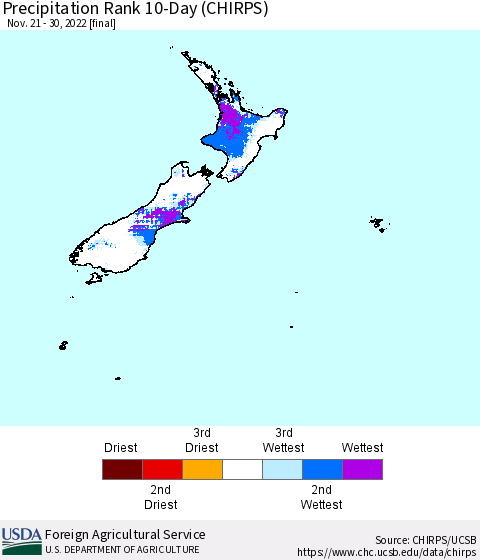 New Zealand Precipitation Rank since 1981, 10-Day (CHIRPS) Thematic Map For 11/21/2022 - 11/30/2022