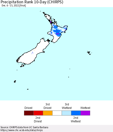 New Zealand Precipitation Rank since 1981, 10-Day (CHIRPS) Thematic Map For 12/6/2022 - 12/15/2022