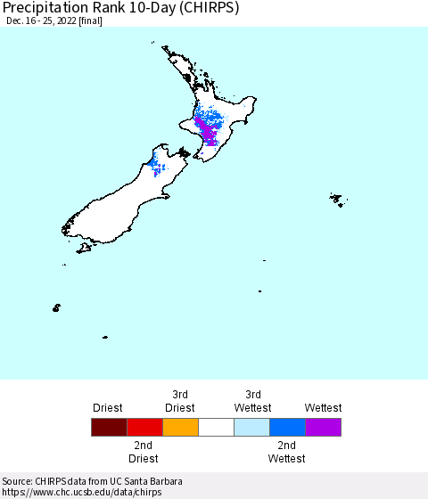 New Zealand Precipitation Rank since 1981, 10-Day (CHIRPS) Thematic Map For 12/16/2022 - 12/25/2022