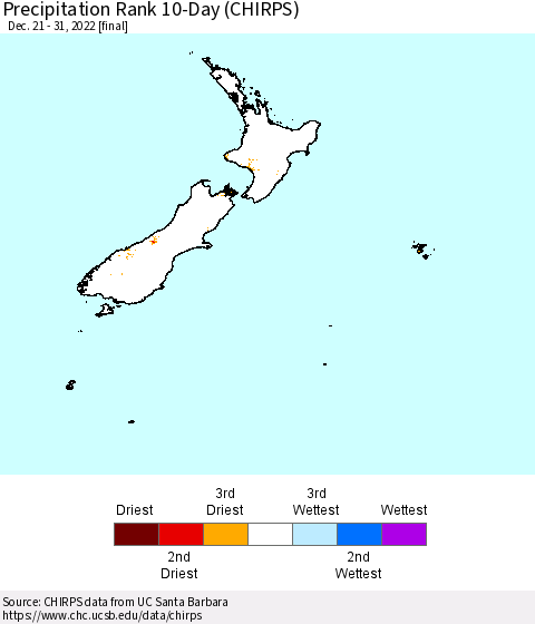 New Zealand Precipitation Rank since 1981, 10-Day (CHIRPS) Thematic Map For 12/21/2022 - 12/31/2022
