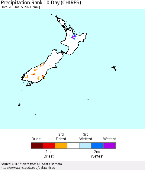 New Zealand Precipitation Rank since 1981, 10-Day (CHIRPS) Thematic Map For 12/26/2022 - 1/5/2023
