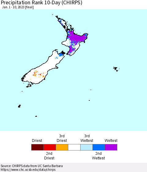 New Zealand Precipitation Rank since 1981, 10-Day (CHIRPS) Thematic Map For 1/1/2023 - 1/10/2023