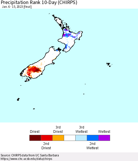 New Zealand Precipitation Rank since 1981, 10-Day (CHIRPS) Thematic Map For 1/6/2023 - 1/15/2023