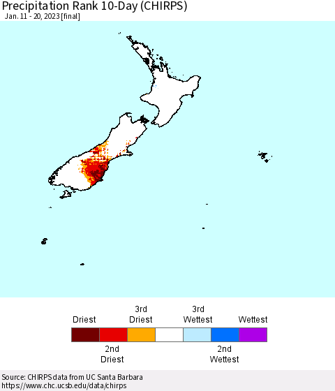 New Zealand Precipitation Rank since 1981, 10-Day (CHIRPS) Thematic Map For 1/11/2023 - 1/20/2023