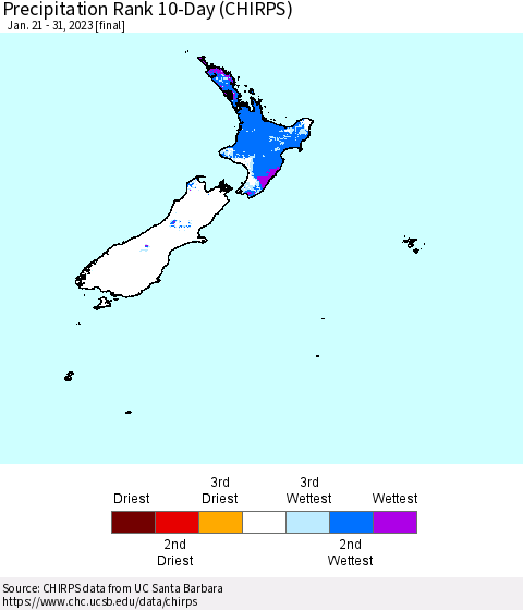 New Zealand Precipitation Rank since 1981, 10-Day (CHIRPS) Thematic Map For 1/21/2023 - 1/31/2023