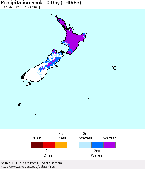 New Zealand Precipitation Rank since 1981, 10-Day (CHIRPS) Thematic Map For 1/26/2023 - 2/5/2023