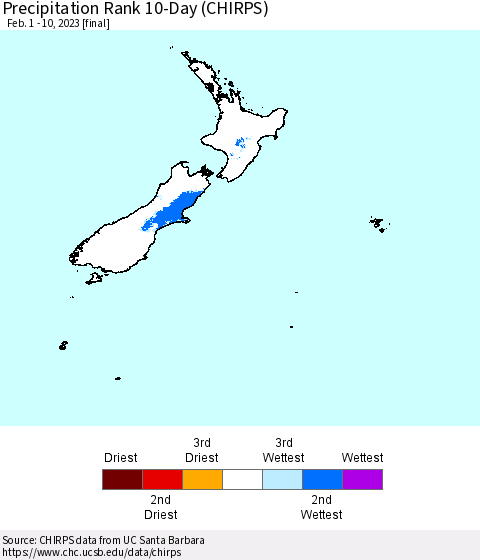 New Zealand Precipitation Rank since 1981, 10-Day (CHIRPS) Thematic Map For 2/1/2023 - 2/10/2023