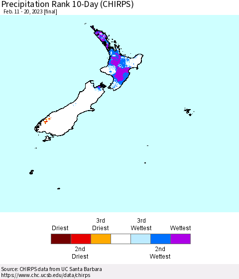 New Zealand Precipitation Rank since 1981, 10-Day (CHIRPS) Thematic Map For 2/11/2023 - 2/20/2023