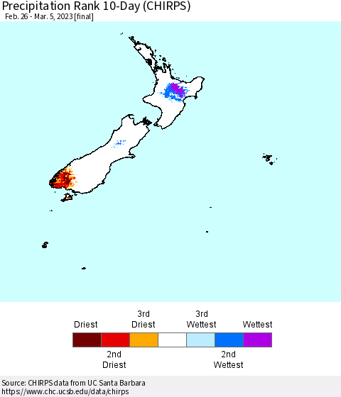 New Zealand Precipitation Rank since 1981, 10-Day (CHIRPS) Thematic Map For 2/26/2023 - 3/5/2023
