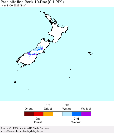 New Zealand Precipitation Rank since 1981, 10-Day (CHIRPS) Thematic Map For 3/1/2023 - 3/10/2023