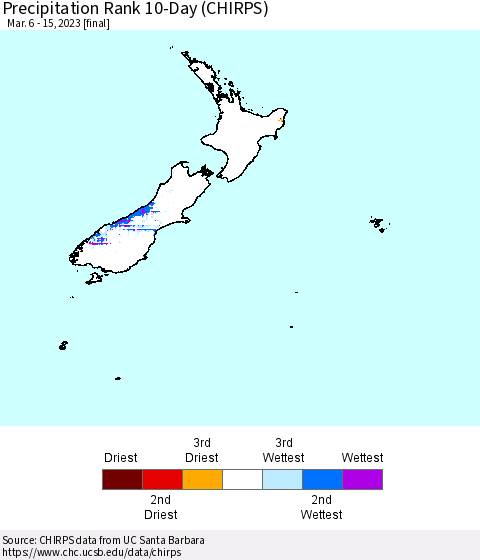 New Zealand Precipitation Rank since 1981, 10-Day (CHIRPS) Thematic Map For 3/6/2023 - 3/15/2023