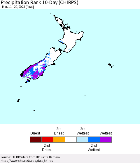 New Zealand Precipitation Rank since 1981, 10-Day (CHIRPS) Thematic Map For 3/11/2023 - 3/20/2023