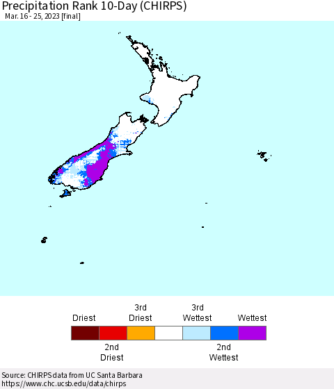 New Zealand Precipitation Rank since 1981, 10-Day (CHIRPS) Thematic Map For 3/16/2023 - 3/25/2023