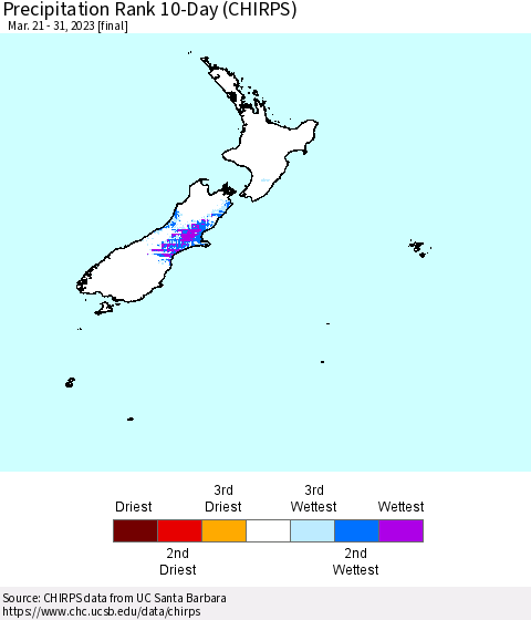 New Zealand Precipitation Rank since 1981, 10-Day (CHIRPS) Thematic Map For 3/21/2023 - 3/31/2023