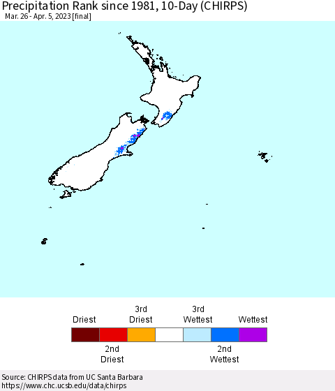 New Zealand Precipitation Rank since 1981, 10-Day (CHIRPS) Thematic Map For 3/26/2023 - 4/5/2023