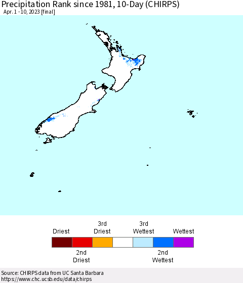 New Zealand Precipitation Rank since 1981, 10-Day (CHIRPS) Thematic Map For 4/1/2023 - 4/10/2023