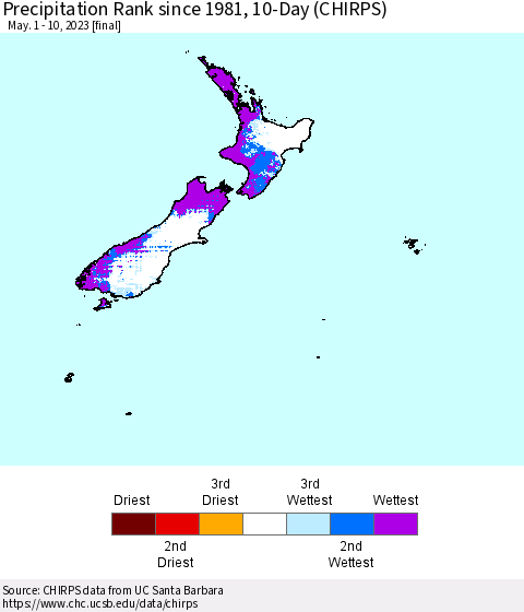 New Zealand Precipitation Rank since 1981, 10-Day (CHIRPS) Thematic Map For 5/1/2023 - 5/10/2023