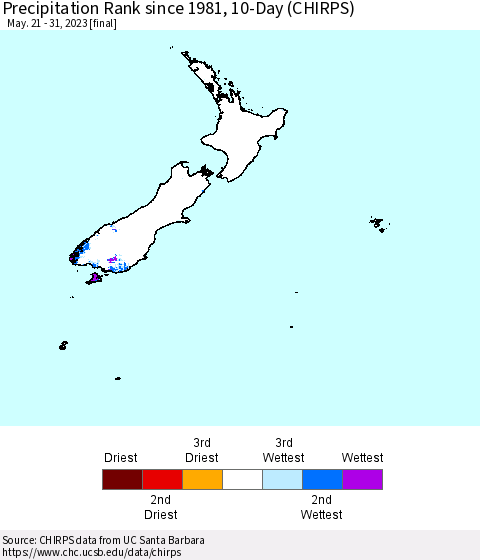 New Zealand Precipitation Rank since 1981, 10-Day (CHIRPS) Thematic Map For 5/21/2023 - 5/31/2023