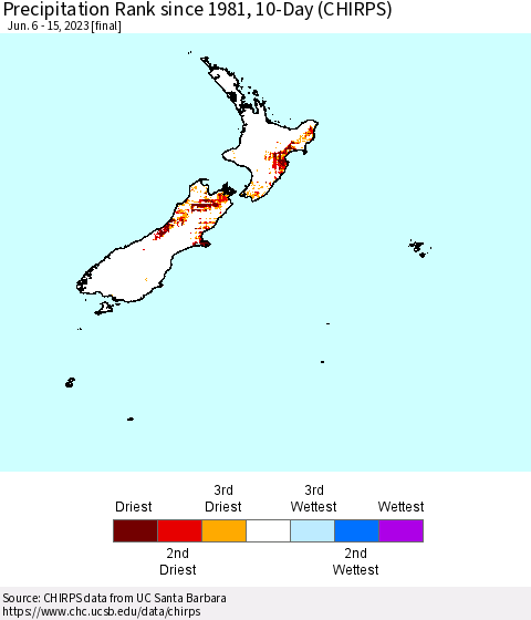 New Zealand Precipitation Rank since 1981, 10-Day (CHIRPS) Thematic Map For 6/6/2023 - 6/15/2023