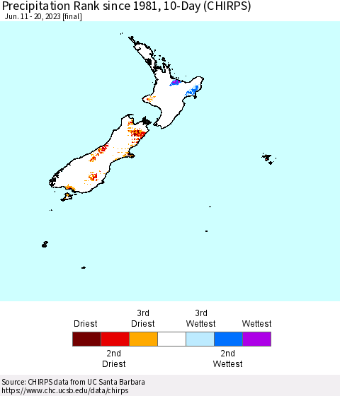 New Zealand Precipitation Rank since 1981, 10-Day (CHIRPS) Thematic Map For 6/11/2023 - 6/20/2023