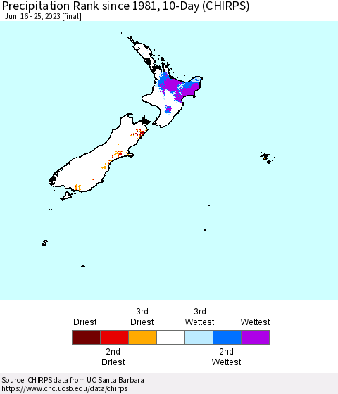 New Zealand Precipitation Rank since 1981, 10-Day (CHIRPS) Thematic Map For 6/16/2023 - 6/25/2023