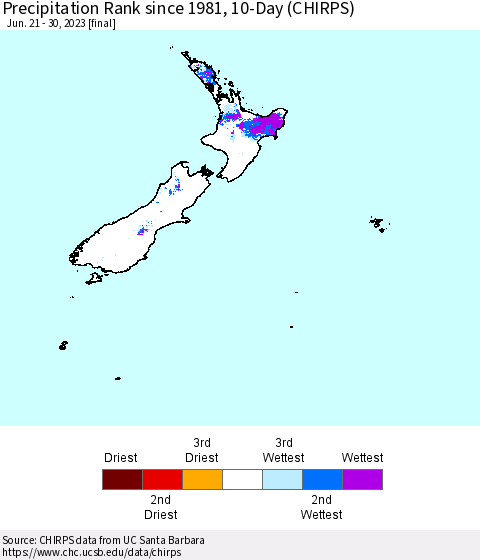 New Zealand Precipitation Rank since 1981, 10-Day (CHIRPS) Thematic Map For 6/21/2023 - 6/30/2023