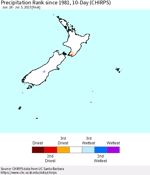 New Zealand Precipitation Rank since 1981, 10-Day (CHIRPS) Thematic Map For 6/26/2023 - 7/5/2023