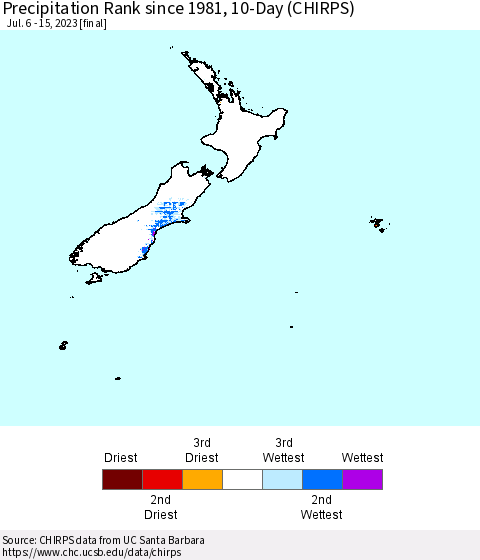 New Zealand Precipitation Rank since 1981, 10-Day (CHIRPS) Thematic Map For 7/6/2023 - 7/15/2023