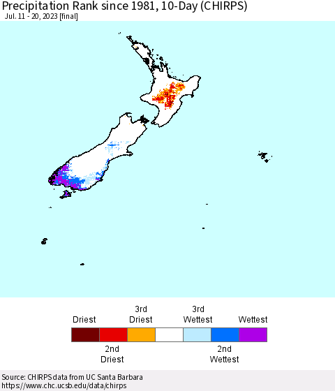 New Zealand Precipitation Rank since 1981, 10-Day (CHIRPS) Thematic Map For 7/11/2023 - 7/20/2023