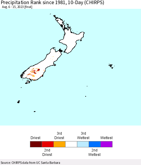 New Zealand Precipitation Rank since 1981, 10-Day (CHIRPS) Thematic Map For 8/6/2023 - 8/15/2023