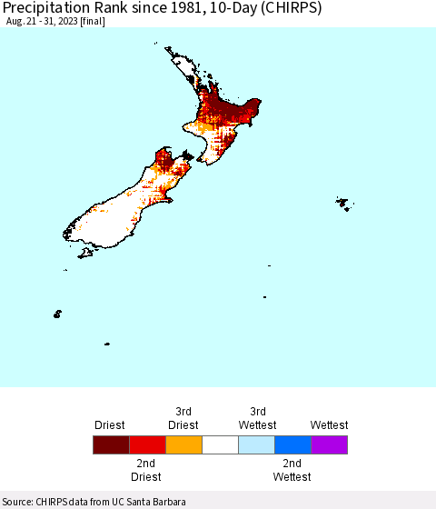 New Zealand Precipitation Rank since 1981, 10-Day (CHIRPS) Thematic Map For 8/21/2023 - 8/31/2023