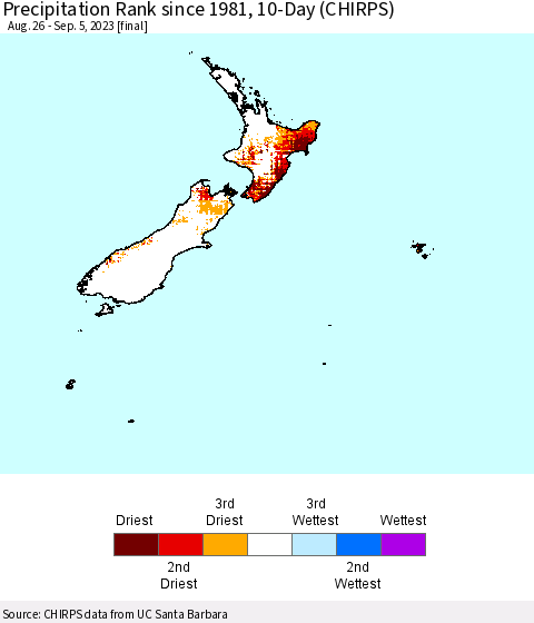 New Zealand Precipitation Rank since 1981, 10-Day (CHIRPS) Thematic Map For 8/26/2023 - 9/5/2023