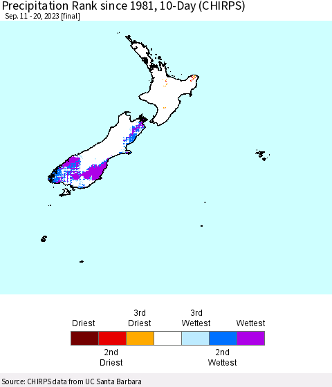 New Zealand Precipitation Rank since 1981, 10-Day (CHIRPS) Thematic Map For 9/11/2023 - 9/20/2023