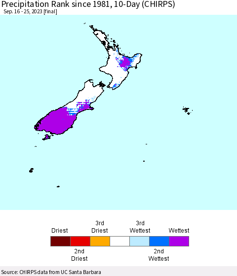 New Zealand Precipitation Rank since 1981, 10-Day (CHIRPS) Thematic Map For 9/16/2023 - 9/25/2023