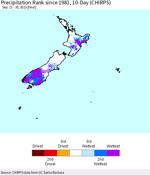 New Zealand Precipitation Rank since 1981, 10-Day (CHIRPS) Thematic Map For 9/21/2023 - 9/30/2023