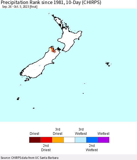 New Zealand Precipitation Rank since 1981, 10-Day (CHIRPS) Thematic Map For 9/26/2023 - 10/5/2023