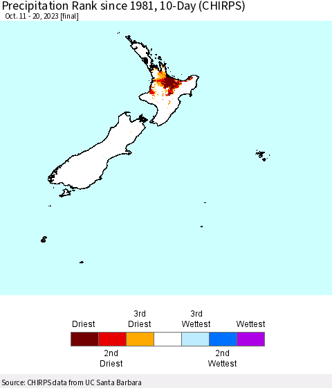 New Zealand Precipitation Rank since 1981, 10-Day (CHIRPS) Thematic Map For 10/11/2023 - 10/20/2023