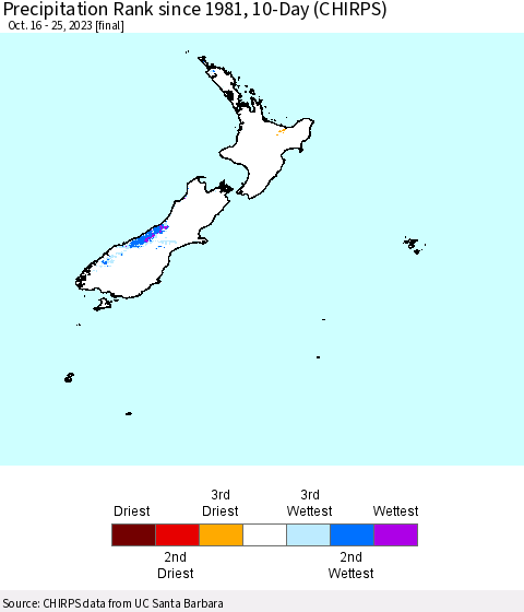 New Zealand Precipitation Rank since 1981, 10-Day (CHIRPS) Thematic Map For 10/16/2023 - 10/25/2023