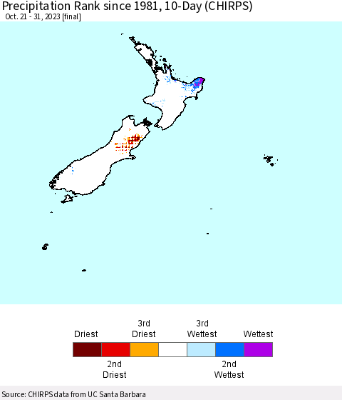 New Zealand Precipitation Rank since 1981, 10-Day (CHIRPS) Thematic Map For 10/21/2023 - 10/31/2023