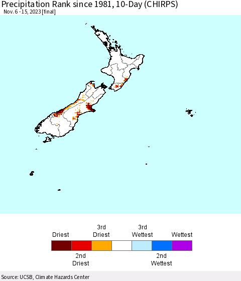 New Zealand Precipitation Rank since 1981, 10-Day (CHIRPS) Thematic Map For 11/6/2023 - 11/15/2023