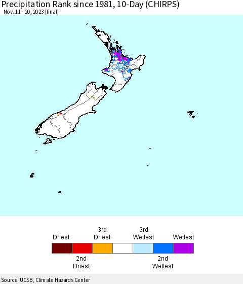 New Zealand Precipitation Rank since 1981, 10-Day (CHIRPS) Thematic Map For 11/11/2023 - 11/20/2023