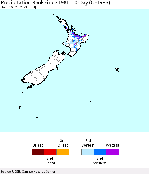 New Zealand Precipitation Rank since 1981, 10-Day (CHIRPS) Thematic Map For 11/16/2023 - 11/25/2023