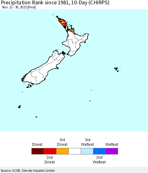 New Zealand Precipitation Rank since 1981, 10-Day (CHIRPS) Thematic Map For 11/21/2023 - 11/30/2023
