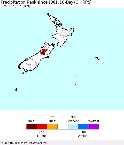 New Zealand Precipitation Rank since 1981, 10-Day (CHIRPS) Thematic Map For 12/16/2023 - 12/25/2023