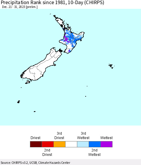 New Zealand Precipitation Rank since 1981, 10-Day (CHIRPS) Thematic Map For 12/21/2023 - 12/31/2023