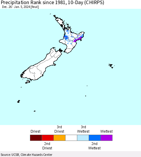 New Zealand Precipitation Rank since 1981, 10-Day (CHIRPS) Thematic Map For 12/26/2023 - 1/5/2024